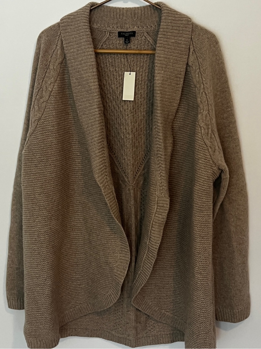 NWT Talbots Dark Camel Open-Front Cable Trim Cardigan Wool Blend